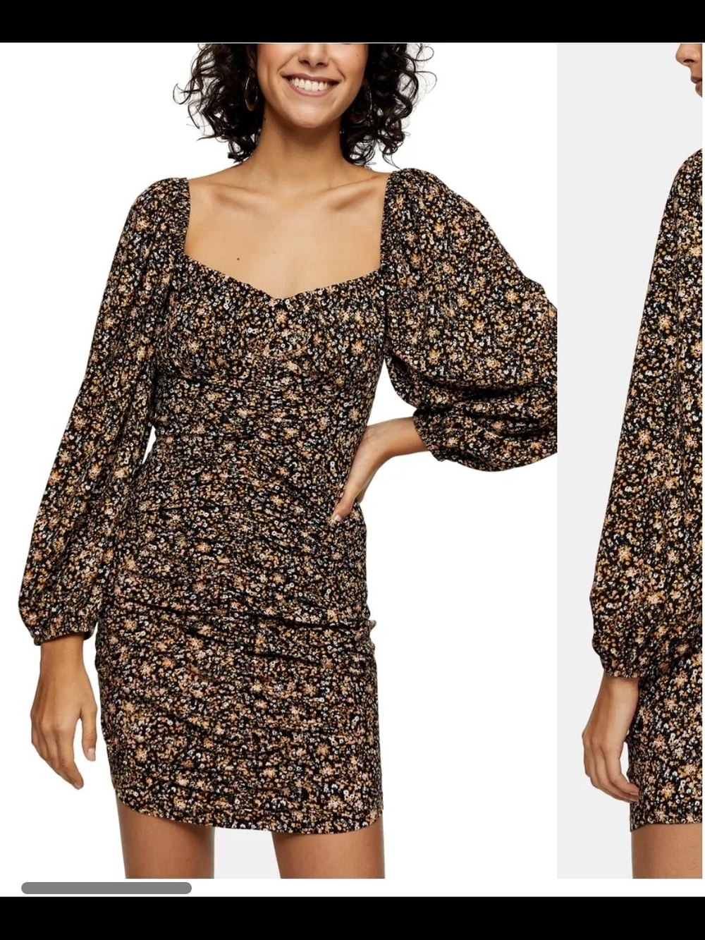 Topshop Mini Dress with Beige Floral Pattern and Puff Sleeves